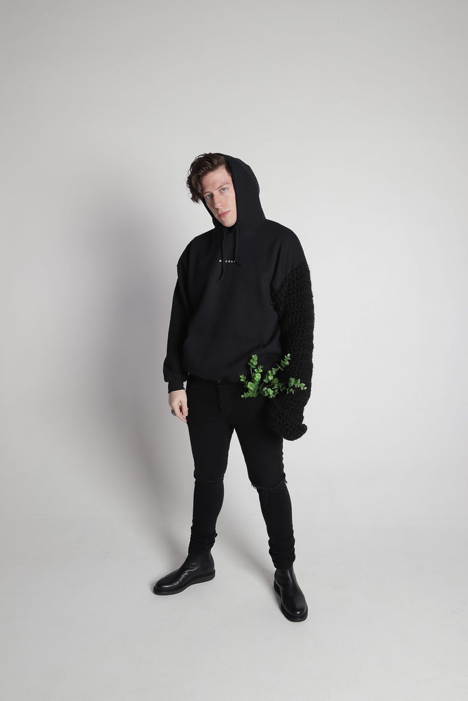 BLACK CROCHET HOODIE.